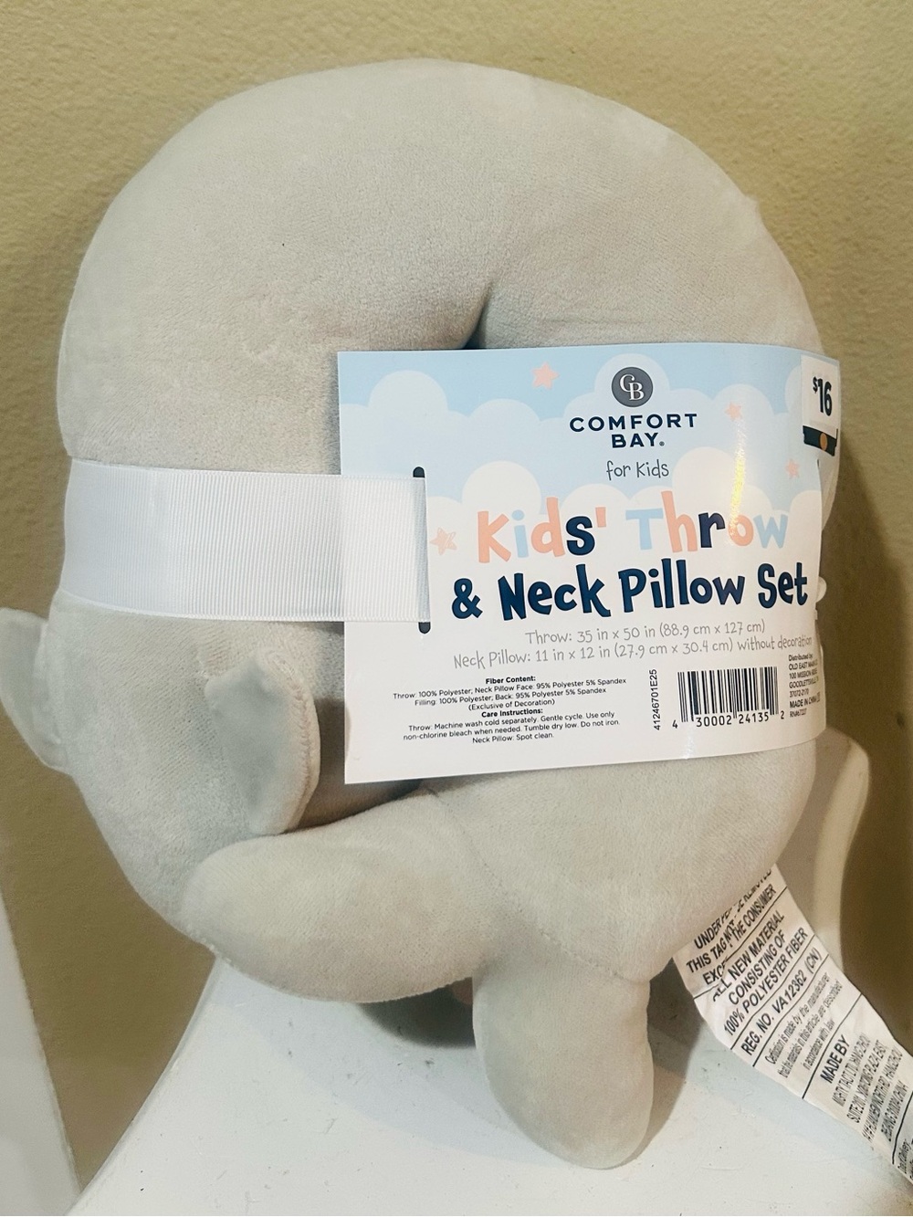 Comfort Bay Plush Kids' Throw & Neck Pillow Set in Light Gray